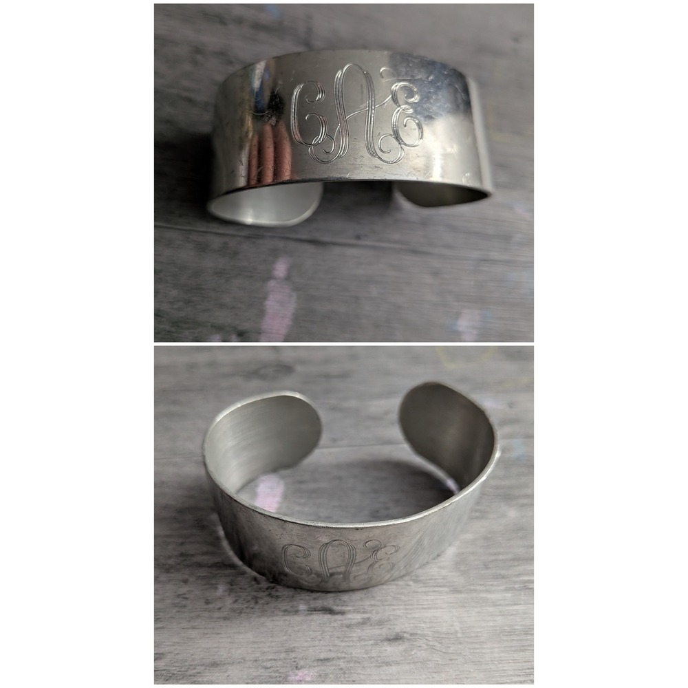 Vintage Monogrammed Silver Tone Wide Cuff Bracelet Engraved CAE Script